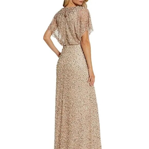 Mac Duggal ! Pearl Sequin Beaded Mesh Boat Neck Short Flutter Sleeve Shawl Gown - Picture 2 of 9